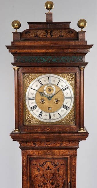Photograph of John Higginson 8-day long-case clock case & clock face. C. 1705